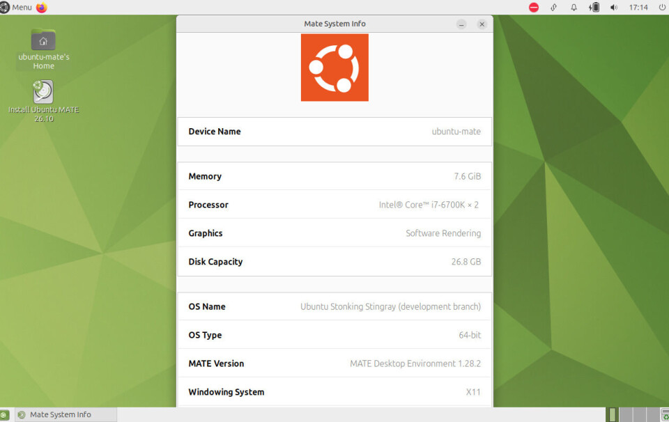 Ubuntu MATE 26.10,  here showing the live environment and the System Info tool confirming it's MATE 1.28.2