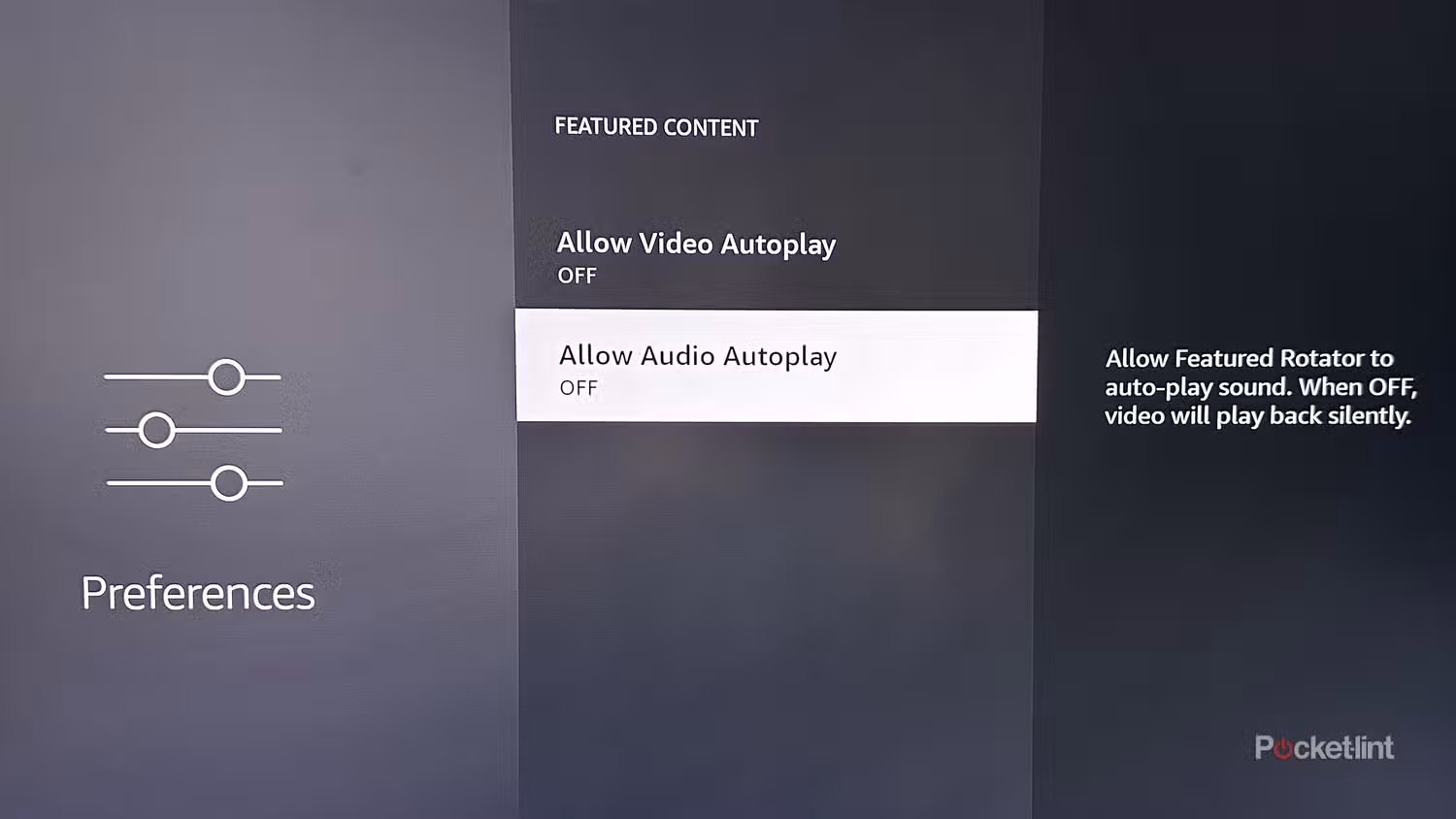 Menu delle preferenze del Fire TV Stick per le impostazioni di riproduzione automatica.